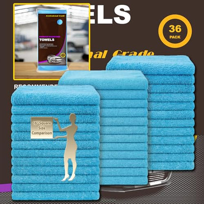 Blue Large Microfiber Cleaning Towels, 36-Pack Dual-Sided Ultra Soft Plush Washcloth, Professional Grade Premium Microfiber Car Cleaning Cloths, Car, Household and Commercial (Sky Blue, 16" X 16") - color: Sky Blue