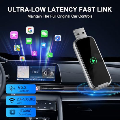 Wireless CarPlay Adapter, 2-in-1 Wired to Wireless CarPlay/Android Auto Converter, Plug & Play, Siri Control, Universal Compatibility for 1000+ Cars, iPhone & Android (Silvery Grey)