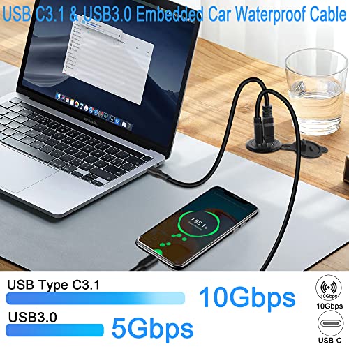 QIANRENON USB C3.1 & USB3.0 Embedded Car Waterproof Cable 10Gbps USB Type C 3.1 & USB3.0 Threaded Mounting Extension Cable, PD65W,Support 4K Video,LED,Al housing,for Dashboard car Boat Moto,2M/6.5ft