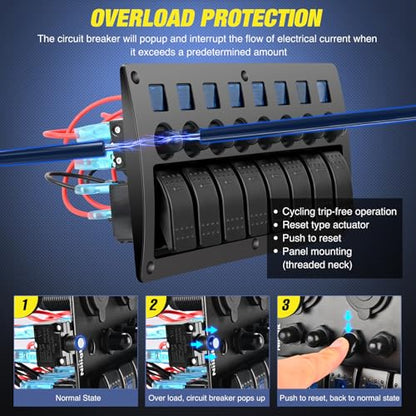Nilight 8 Gang Rocker Switch Panel w/Circuit Breaker Pre-Wired - color: Blue, size: 8 Gang (No USB)