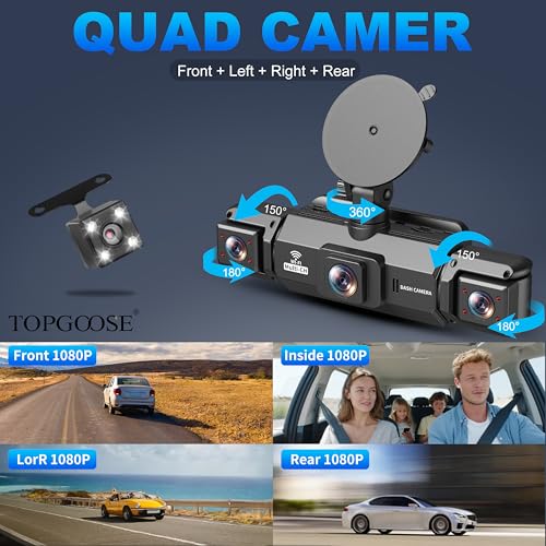 4 Channel Dash Cam 360° View, TOPGOOSE 2K FHD Front and Rear Inside, Left Right Dash Camera for Cars, 5G WiFi & APP Control, with 64GB SD Card, G-Sensor, 8 IR Lamps Night Vision (3.17 inches) - size: 3.17 inches