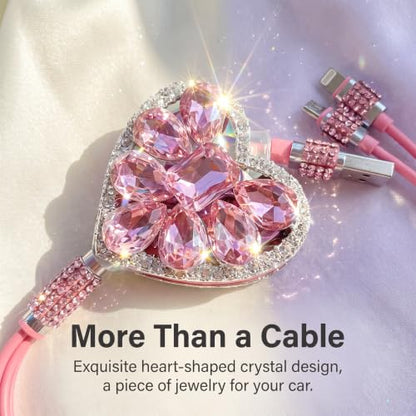 Car 3 in 1 Multi Charging Cable, Stylish Heart-shaped Diamond-studded Retractable Cable for Women/Girls, USB Multi-port Connector, Universal Car Interior Accessories (Pink)