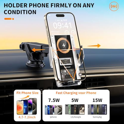 Wireless Car Charger with Phone Holder Mount 15W Fast Car Charger Auto Clamping Phone Holders for You Car Windshield Dashboard Air Vent Accessories for iPhone 13 Pro Max15141211Samsung Galaxy Googl