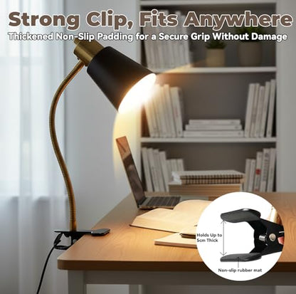 LALISU Desk lamp Eye-Caring Table Lamps 360°Rotation Gooseneck Clip on Lamp - color: Black and Gold