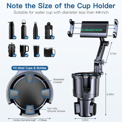 Cup Holder Phone Tablet Mount, 2 in 1 iPad Car Cup Holder with Expander Adjustable Arm for 4.7-10 inches Phone Tablet Mount Compatible for iPad Pro Air Mini, Fire,iPhone 17,Galaxy Phones