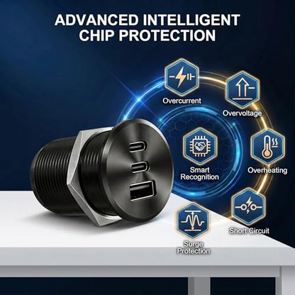 2PCS GIBBAB 90W Aluminum Recessed Mount RV USB Outlet, 12V Car Charger - color: Black, size: 2P