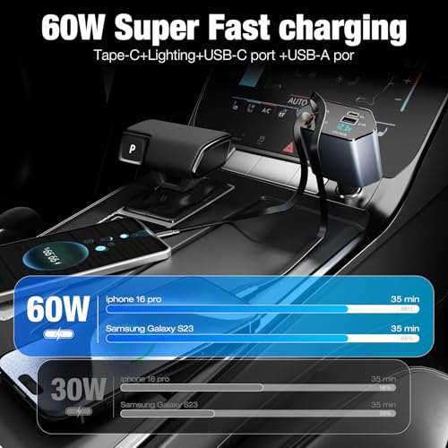 4 in 1 Retractable Car Charger, 60W Fast Charging, Voltage Display