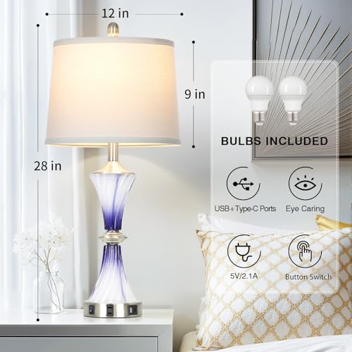 Rinweey Purple Glass Table Lamp Set of 2 with USB C+A Ports & AC Outlet, Bedside Lamp, Modern Bedroom Lamps, Crystal Lamp for Night Stands Bedroom Living Room,Nightstand Lamp LED Bulbs Included - color: Purple