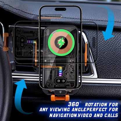Fast Wireless Car Charger Wireless Charging Phone Mount for Car Magnetic Navigation Car Phone Holder Automatic Smart Sensor Clamping Rotating with Charger Station Fast Wireless Charger Max 120W(Black)