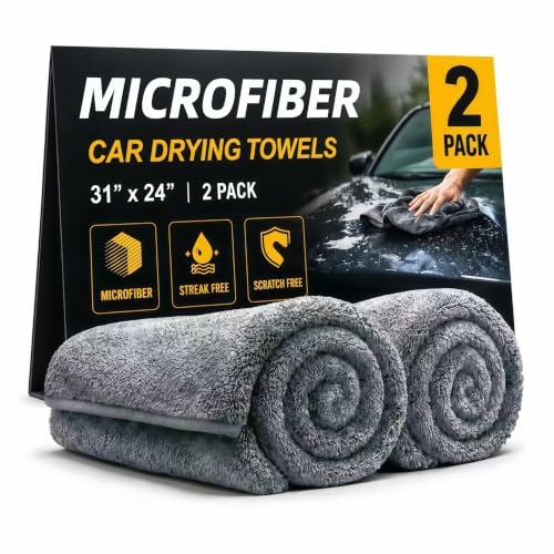 2 Pack Professional Large Microfiber Car Drying Towels (31" x 24"), Microfiber Towels for Cars, Scratch Free, Lint Free, Highly Absorbent Quick Drying Towel Cloth for Cars, Trucks Boats, Car Detailing