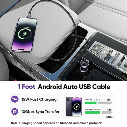 Android Auto USB Cable 1ft for Car CarPlay, USB 3.2 10Gbps Data Transfer 15W Fast Charging for iPhone 17/16/15 Google Pixel 10/9/8/7 Galaxy S26/S25/S24 - size: 1 Feet