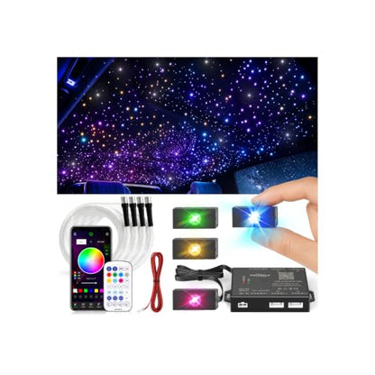 CHINLY 1000Pcs Split Starlight Headliner Kit, 4 Light Heads 0.02in 4.92ft RGBW Star Lights for Car, 16W Starlight Kit APP/Remote Control, Flexible Wiring for Car Roof Ceiling - size: Standard+1000pcs*0.02in*4.92ft