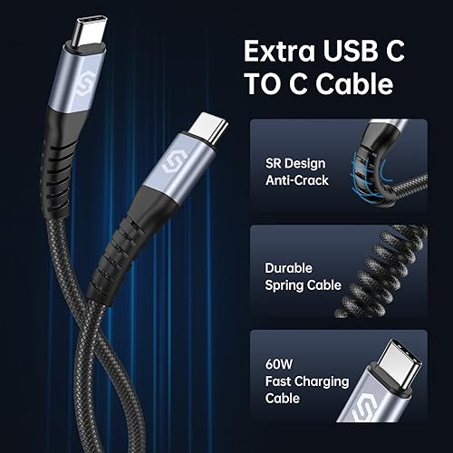 Syncwire USB C Car Charger 60W [PD 30W & QC 30W] Fast Charging USB Adapter with 5FT Type C Coiled Cable Compatible with iPhone 16/16 Plus/16 Pro/16 Pro Max/Galaxy S23/S22/ Google Pixel 7/7Pro