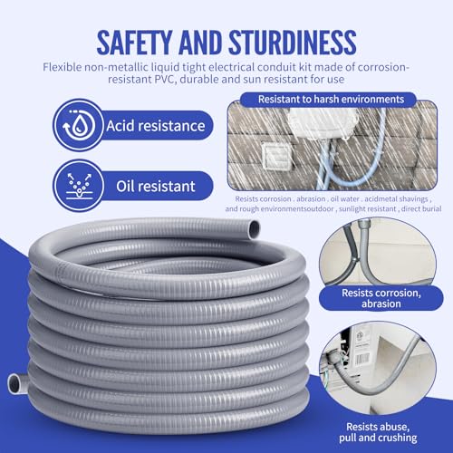 Liquid Tight Conduit 1-1/4inch 25FT,Flexible Non-Metallic Liquid Tight Flex Electrical Conduit and Connector Kit with 5 Straight and 3 90-Degree Conduit Connector Fittings - size: 1-1/4inch 25FT