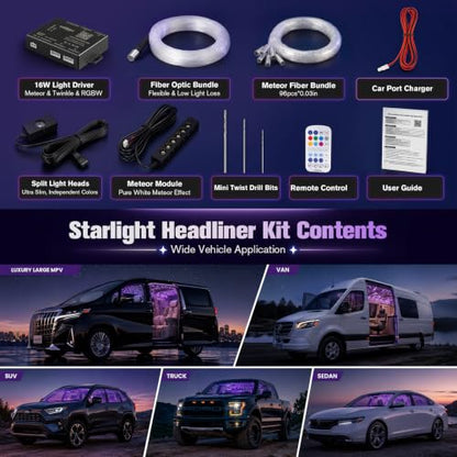 CHINLY 1200Pcs Split Starlight Headliner Kit, 4 Light Heads 0.02in 4.92ft+Meteor RGBW Star Lights for Car, 16W Starlight Kit APP/Remote Control, Flexible Wiring for Car Roof Ceiling - size: Meteor+1200pcs*0.02in*4.92ft
