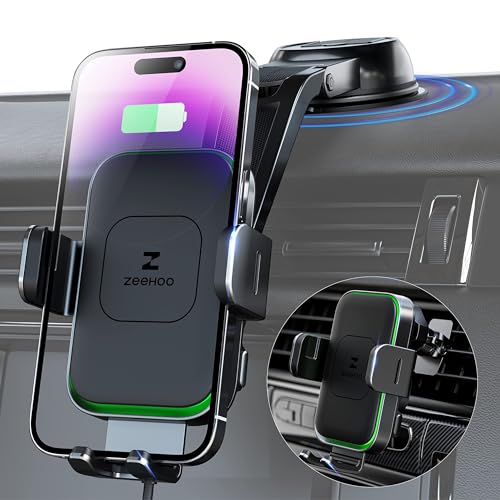 ZEEHOO Wireless Car Charger, DUOXX Dual Coils 15W Fast Charging Auto-Clamping Car Mount, Dashboard, Vent Charging Phone Holder for iPhone 17 16 15 14 13 12, S23 Ultra, Z Flip4 3, etc