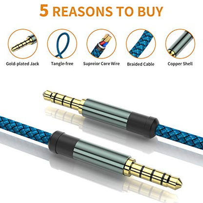 MCSPER 2 Pack TRRS 3.5mm Audio Cable, 5Ft 4-Conductor (4 Pole) with Mic[Microphone Compatible] Nylon Braided Aux Cord Compatible Car Home Stereos,Speaker,Headphones,Sony(Blue) - size: 5 Feet