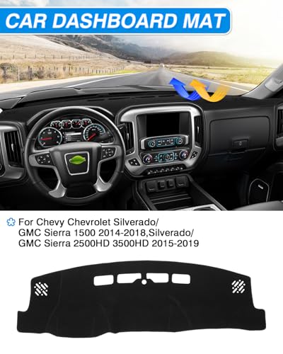 Cartist Black Dash Cover for 2014-2018 Chevrolet Chevy Silverado/GMC Sierra 1500&2015-2019 Silverado/Sierra 2500HD 3500HD Accessories,Anti-Glare Non-Slip Suede Dashboard Cover Mat - size: 63.78*18.50(Silverado/Sierra 14-18)
