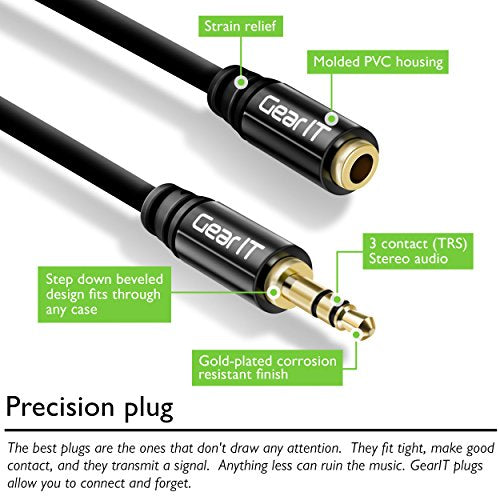 25ft 3.5mm Extension Cable, GearIT 2-Pack Pro Series Preminun Gold Plated 25 Feet 3.5mm Auxiliary Audio Stereo Extension Male to Female Cable, Black - color: Black, size: 25 Feet (2-Pack)