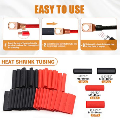 mankk 180PCS Copper Wire Lugs with Tool AWG 2 4 6 8 10 12 14 16 Gauge Battery Terminal Connectors Battery Cable Ends Connectors Copper Ring Terminal Kit with Heat Shrink - color: 180PCS+Tool