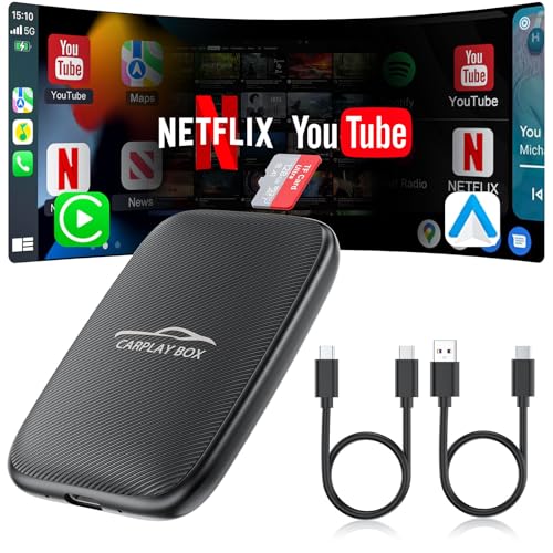 5-in-1 Wireless CarPlay Adapter and Android Auto Wireless Adapter, Carplay Wireles Adaptar with Netflix YouTube TF Card, Magic Ai Box for OEM Wired iPhone Car Play Cars, Plug & Play Easy Setup