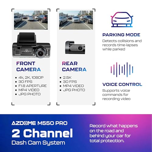 AZDOME M550 Pro 2CH Dash Cam 4K with 3.19'' Screen IR Night Vision 24H Parking Mode - Dual-Channel Dash Cam with 3.19-Inch IPS Screen - Integrated GPS - Built-in 5G WiFi - 24H Parking Monitor