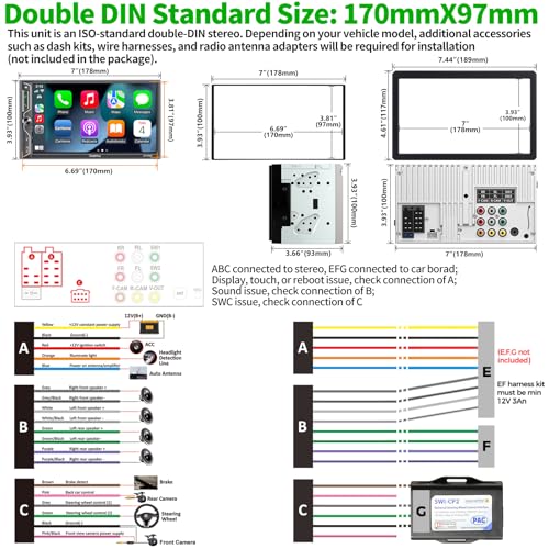 SJoyBring [QLED Screen Upgrade] 7" Double Din Car Stereo with Dash Cam, Wireless Apple CarPlay and Android Auto, Bluetooth, 240W 4.2-Channel Audio Output, MirrorLink, Backup Camera, AM/FM Car Radio - color: Black W021 with Dash Cam