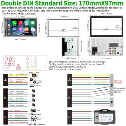 SJoyBring [QLED Screen Upgrade] 7" Double Din Car Stereo with Dash Cam, Wireless Apple CarPlay and Android Auto, Bluetooth, 240W 4.2-Channel Audio Output, MirrorLink, Backup Camera, AM/FM Car Radio - color: Black W021 with Dash Cam