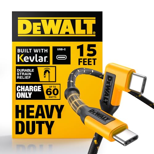 DEWALT Heavy Duty Extra Long USB C Cable (15 ft/6M), Fast 60W Type C Charging Cable, 90Degree Connector TypeC Charger Cord for Oculus Quest, PS5 Controller, Samsung Galaxy, Z Fold/Flip (Charge Only) - size: 15FT