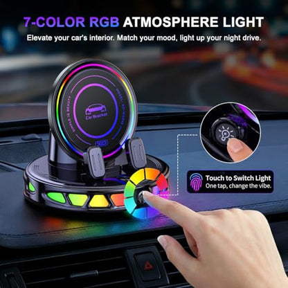 Wireless Car Charger Dashboard Phone Holder,15W Fast Charging One-Hand Operation Rotatable Bracket with RGB Light,Anti-Slip Navigation Mount with Strong Suction Cup, for Most Smart Phone