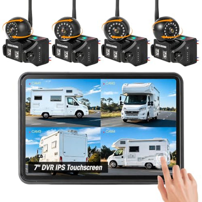 360° Adjustable Magnetic Solar Wireless Backup Camera System – 7" 1080P Touchscreen, DVR Recording, IP69K Waterproof, Auto-Sleep & Night Vision for RV, Truck, Trailer, SUV & Camper, AR4 - size: 7" 4-CAM