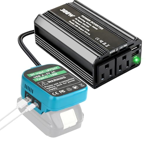 300W Power Inverter Compatible with Makita, DC 18V to AC 110-120V Battery Inverter, Portable Battery Adapter Charger Converter with 3 USB & 1 Type-C & 2 AC Outlet for Outdoor,Emergency(Tool Only) - color: Blue