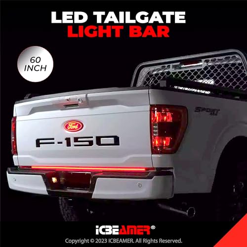 ICBEAMER Triple Row 60 inch 504 pcs LED for Pick up/Truck Tailgate Light Bar Side Bed Light Strip Bar IP67 Waterproof Reverse- 6 Functions Tail/Brake/Sequential/Turn Signals/Reverse/Flashing Lights - size: 60" Triple Rows