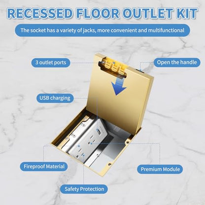 Recessed Flat Hidden Socket Kit,Recessed Floor Outlet with - color: Gold, size: TR+USB