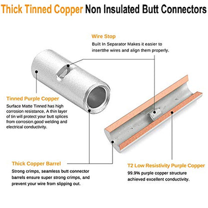 SVAAR 280 PCS Non‑Insulated Butt Splices Kit, 26‑8 AWG Tinned Copper Seamless Barrel Crimp Butt Connectors, Uninsulated Wire Repair Splice Terminals for 26‑8 Gauge Wire - color: Non-Insulated Splice - Tinned Copper