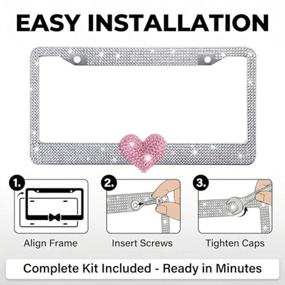 1 Pack White Bling License Plate Frame with Pink Heart for Women - color: White Frame+Pink Heart