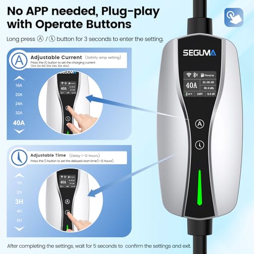 SEGUMA Level 2 EV Charger, 40A Wi-Fi/App ETL Certified for J1772 BEVs/PHEVs - color: Silver