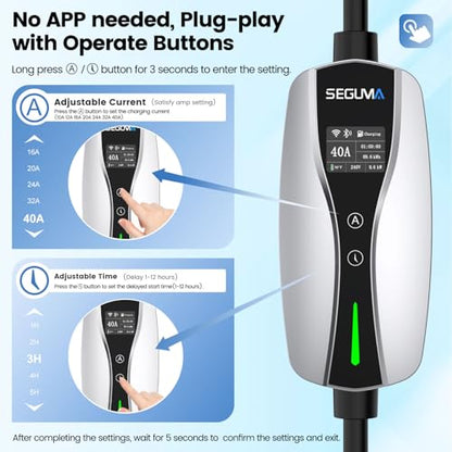 SEGUMA Level 2 EV Charger, 40A Wi-Fi/App ETL Certified for J1772 BEVs/PHEVs - color: Silver