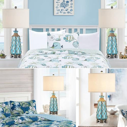 Ruzectt Coastal Glass Table Lamps, 3-Way Dimmable Touch Control Bedside Lamps with 2 USB Ports and AC Outlet, Teal Nautical Nightstand Lamps for Bedroom Living Room (LED Bulbs Included) - color: Teal 1P