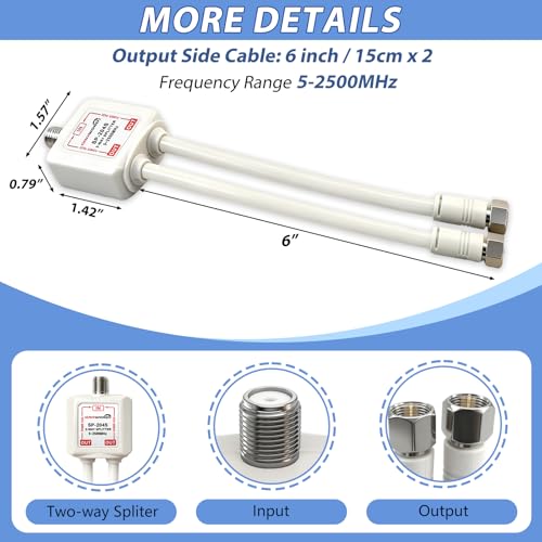 2-Way coaxial Cable Splitter, 5-2500MHz CATV Splitter with 6” RG6 Coaxial Cable and 2 Coax Connectors, for Pass Power to LNB, Improve TV Satellite Antenna Signal Quality, Corrosion Resistant - size: 6 inch