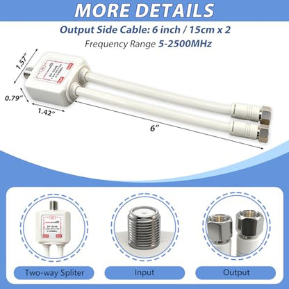 2-Way coaxial Cable Splitter, 5-2500MHz CATV Splitter with 6” RG6 Coaxial Cable and 2 Coax Connectors, for Pass Power to LNB, Improve TV Satellite Antenna Signal Quality, Corrosion Resistant - size: 6 inch