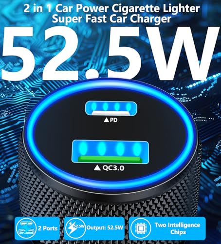 Apple MFi Certified iPhone 17 Car Charger, 52.5W PD/QC3.0 Car Power Adapter - color: Charcoal Black