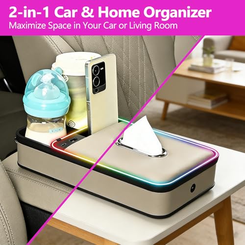 Car Armrest Storage Box with LED Ambient Light, USB/PD Fast Charging, Eco-Friendly Microfiber Leather Tissue Holder, Multifunction Center Console Organizer for Cars, SUVs, and Trucks (Beige)