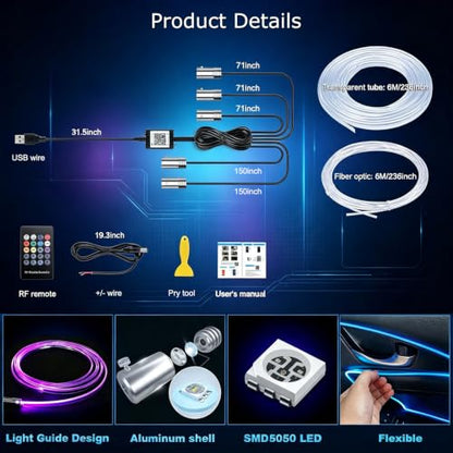 Jushope Car Interior LED Lights, RGB Fiber Optic Ambient Lighting Kit - size: 5 LED/236 Inches Fiber Optic