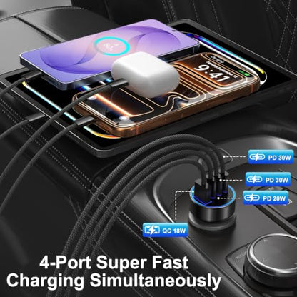 98W Car Charger USB C, 4 Port Fast Cigarette Lighter USB Charger with Cable - color: Black