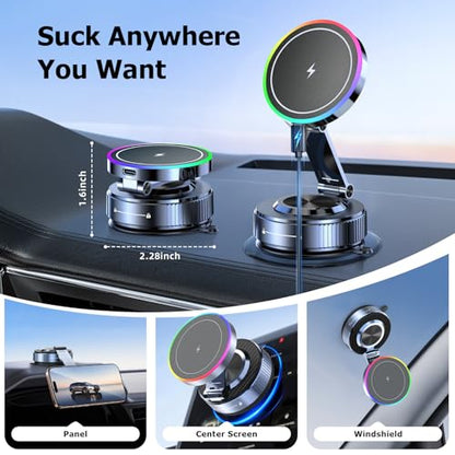 Magsafe Car Mount Charger, 15W Fast Charging Wireless Car Charger, Magsafe Car Mount, 360° Vacuum Magnetic Phone Holder [120LBS Ultra Suction Cup & 3000gf Magnet] for iPhone 17 - 12, Pixel & Samsung