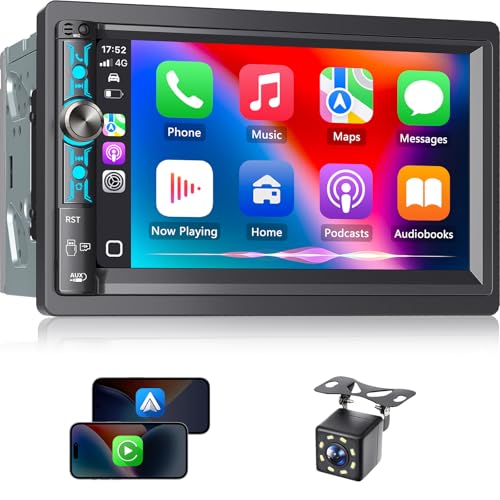 7" Double Din Car Stereo with Wireless Apple Carplay & Android Auto, Bluetooth, 240W, SWC, Subwoofer Out, Mirror Link, USB-C/AUX/TF, FM/AM Car Radio Receiver, Backup Camera - style: Volume knob + 4 physical buttons