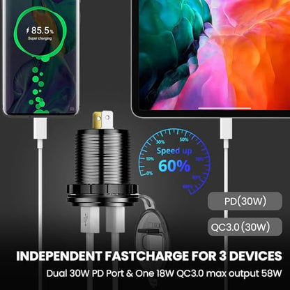 12V USB Car Socket, 3-Port Marine Aluminum USB Quick Charge Waterproof Cigarette Round USB C 12V Outlet for Car Golf Cart Boat Marine Bus Truck RV Marine Motorcycle etc(2QC+1PD(1Pack)) - color: 2USB+1PD(1Pack)