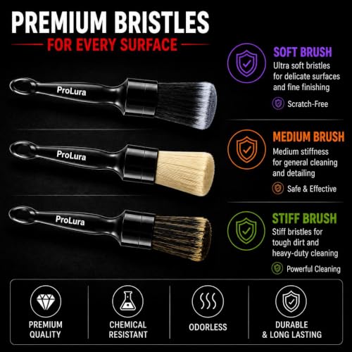 6PCS Car Detailing Brush Set - 2 Boar Hair Brushes, 2 Ultra Soft No-Scratch Brushes & 2 Medium Detail Brushes for Car Interior & Exterior Cleaning