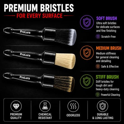 6PCS Car Detailing Brush Set - 2 Boar Hair Brushes, 2 Ultra Soft No-Scratch Brushes & 2 Medium Detail Brushes for Car Interior & Exterior Cleaning